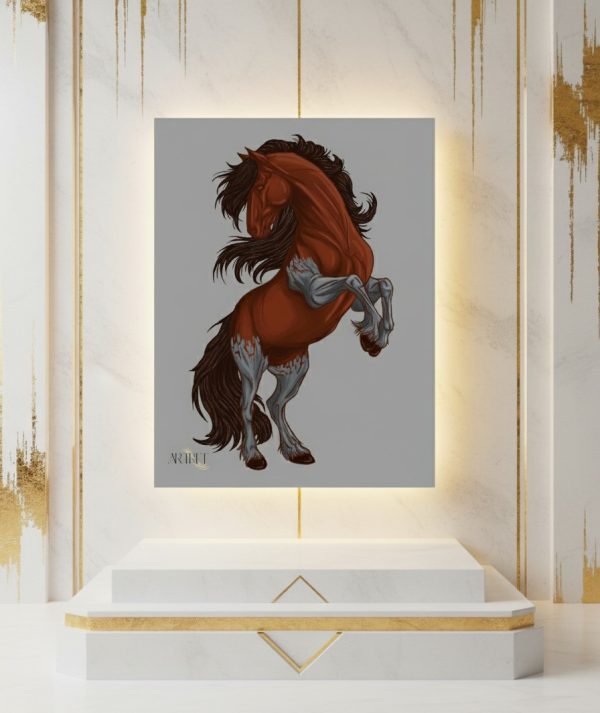 Digital art of Shah Mureed's noble horse standing on a rocky Balochi ridge under a vast sky by Artirift.